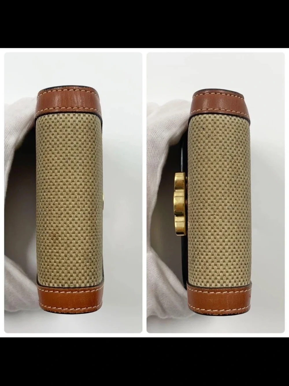 Celine Tan Leather-Trim Canvas Triomphe Wallet with Gold Hardware
